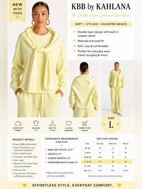 KBB by Kahlana Double Layer Crewneck Sweatshirt - Pastel Lemon size Large